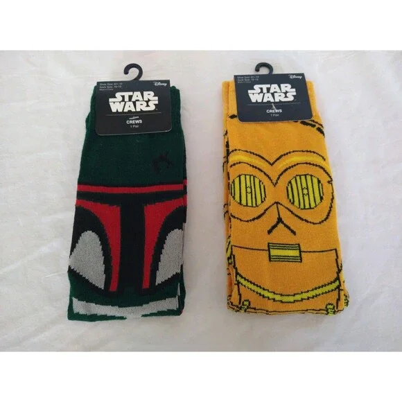 2 PAIRS Star Wars Adult Socks Shoe size 6.5-12 Sock size 10-13 Boba Fett C-3PO - Picture 1 of 4